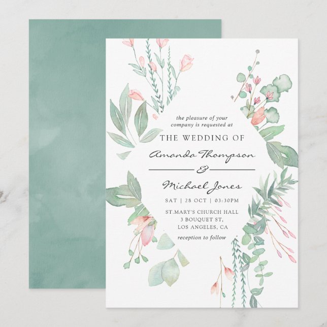 Convites Casamento com Verde e Rosa Pastel (Frente/Verso)