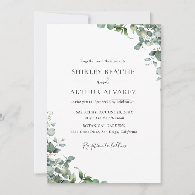 Convites Casamento com Verde Folhagem de Eucalipto Elegante (Frente)