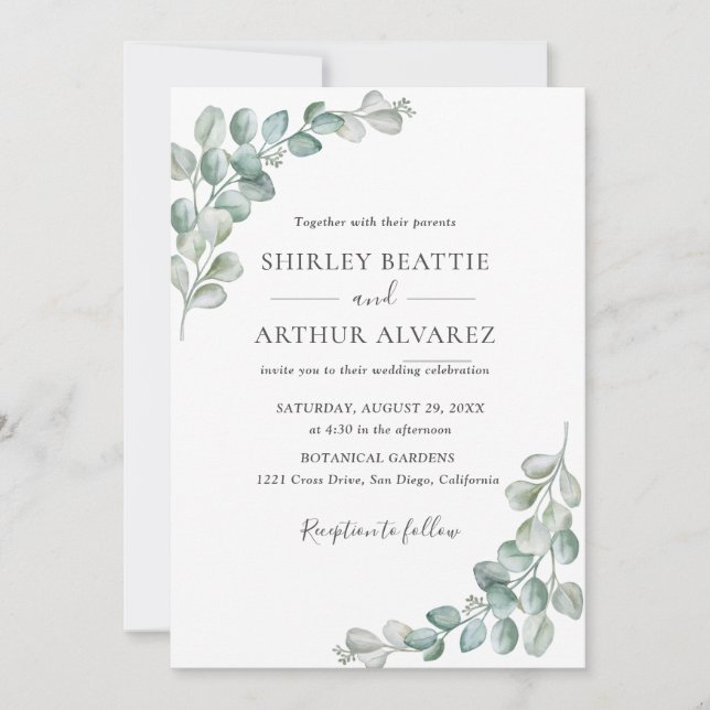 Convites Casamento com Verde Folhagem de Eucalipto Elegante (Frente)