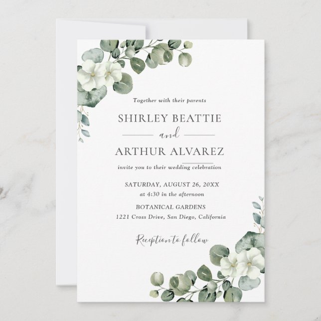Convites Casamento com Verde Folhagem de Eucalipto Elegante (Frente)