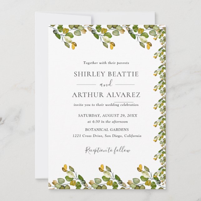Convites Casamento com Verde Folhagem de Eucalipto Elegante (Frente)
