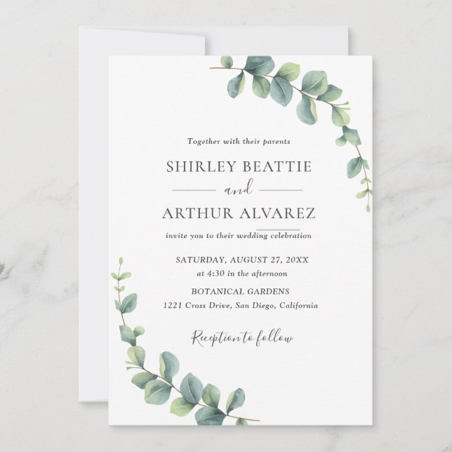 Convites Casamento com Verde Folhagem de Eucalipto Elegante (Frente)
