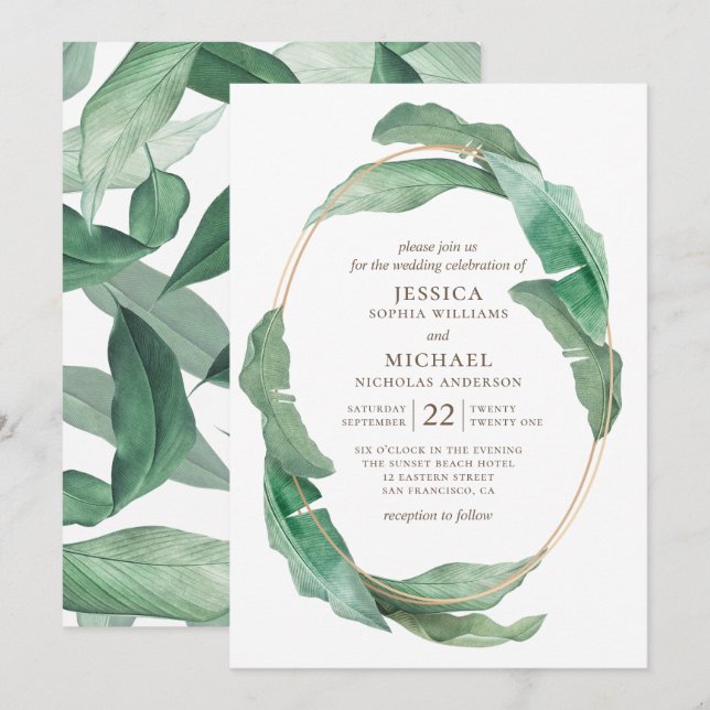 Convites Casamento com verde tropical. Botânica aquarela (Frente/Verso)