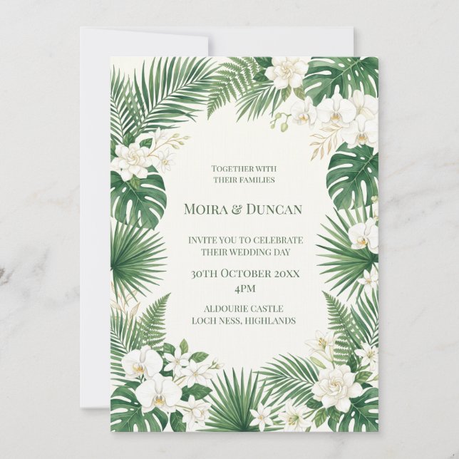 Convites Casamento com Verde Tropical de Palmeira (Frente)