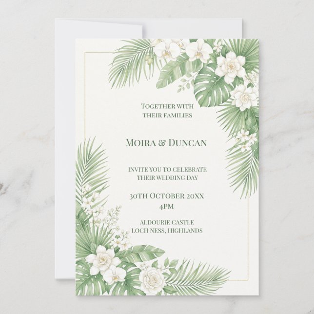 Convites Casamento com Verde Tropical de Palmeira (Frente)