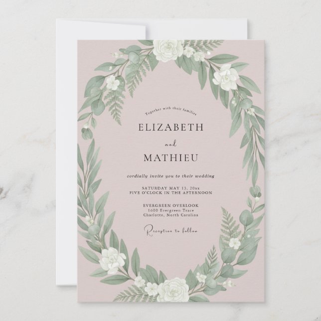Convites Casamento com Verdejante e Rosa Desbotada (Frente)