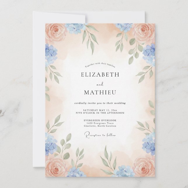 Convites Casamento com Vinha Azul Apricot (Frente)