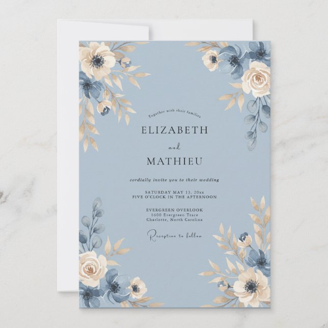 Convites Casamento com Vinha Azul Champanhe (Frente)