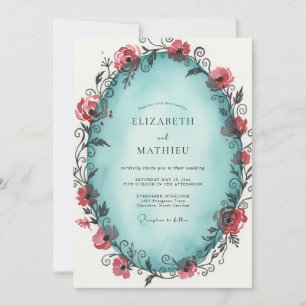 Convites Casamento com Vinha Azul-Esverdeada Carmesim