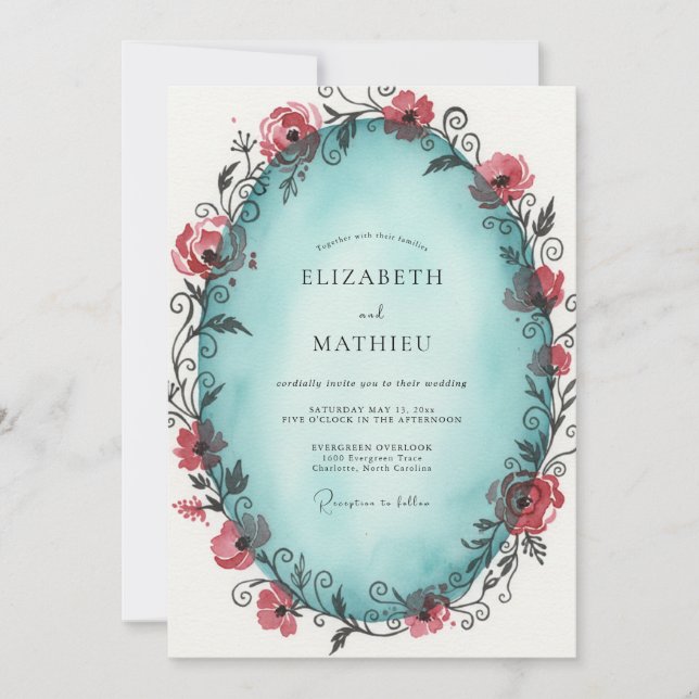 Convites Casamento com Vinha Azul-Esverdeada Carmesim (Frente)