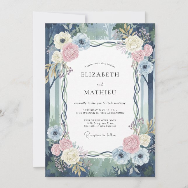 Convites Casamento com Vinha Azul Marinho Rosa (Frente)