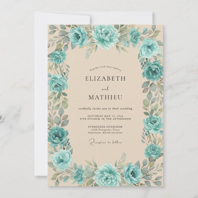 Convites Casamento com Vinha de Água Teal (Frente)