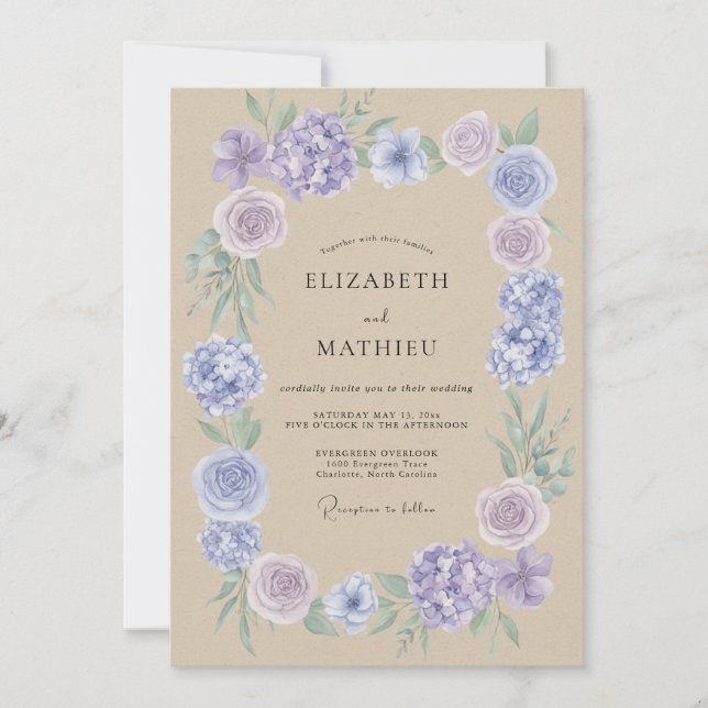 Convites Casamento com Vinha de Bege e Periwinkle (Frente)
