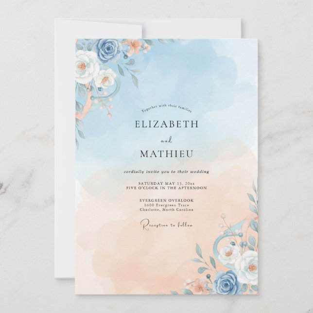 Convites Casamento com Vinha de Champanhe Azul (Frente)