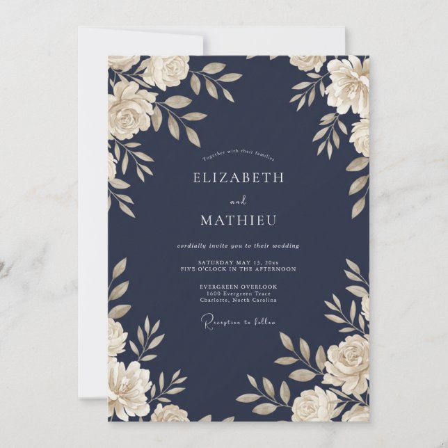 Convites Casamento com Vinha de Creme Azul-Marinho (Frente)