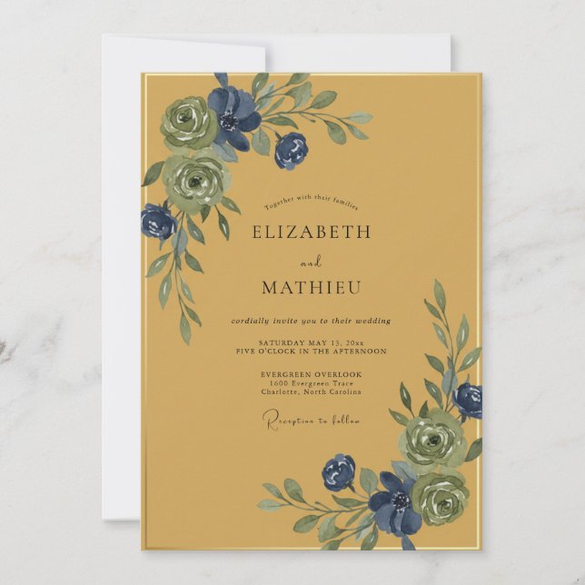 Convites Casamento com Vinha de Indigo Mostarda (Frente)