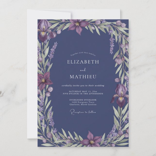 Convites Casamento com Vinha de Lavanda Índigo (Frente)