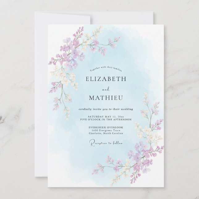 Convites Casamento com Vinha de Lilás Pó de Periwinkle (Frente)