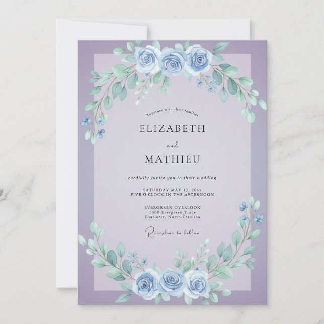 Convites Casamento com Vinha de Lilás Suave e Azul-Pervinca (Frente)