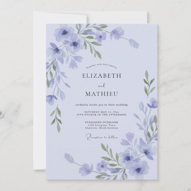 Convites Casamento com Vinha de Lilás Suave e Periwinkle (Frente)