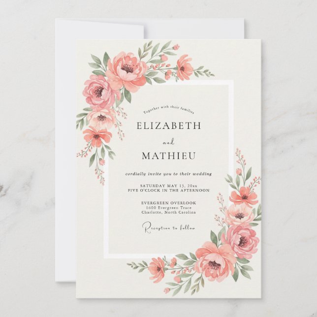 Convites Casamento com Vinha de Peônia Cor de Rosa (Frente)