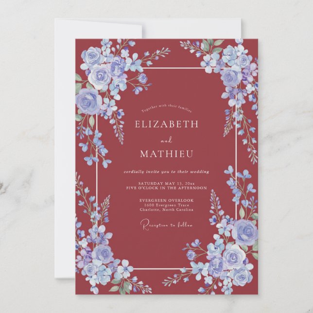 Convites Casamento com Vinha de Periwinkle Carmesim (Frente)