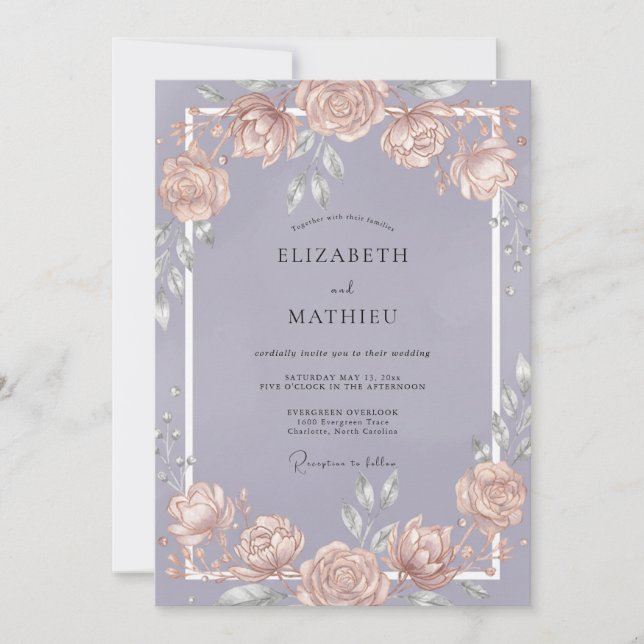 Convites Casamento com Vinha de Pêssego Violeta Suave (Frente)