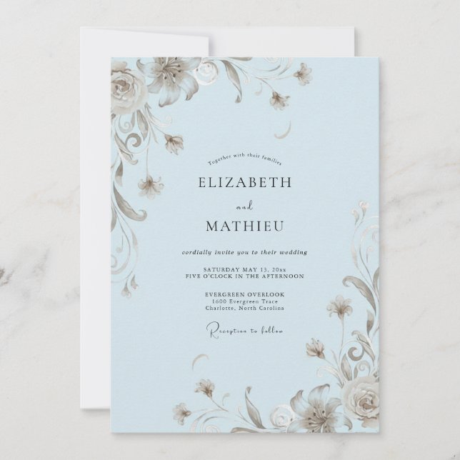Convites Casamento com Vinha de Taupe Azul Pó (Frente)