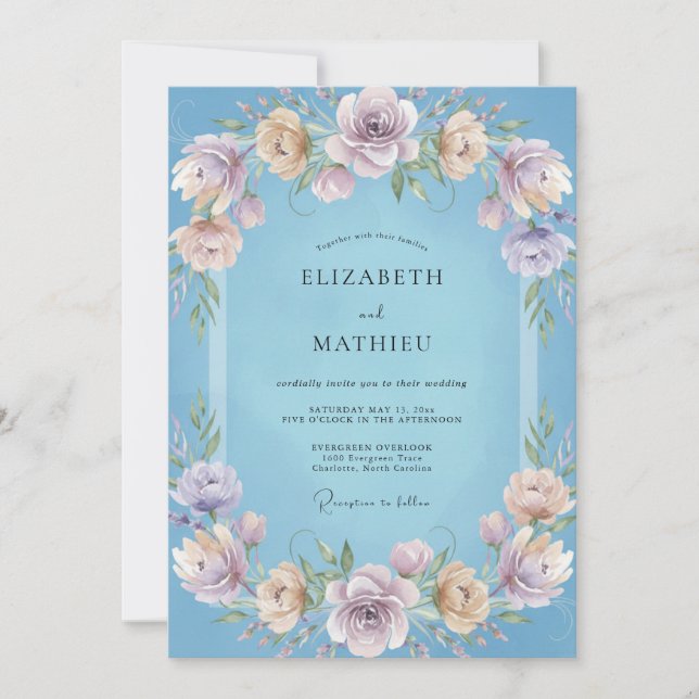Convites Casamento com Vinha Lilás Azul Céu (Frente)