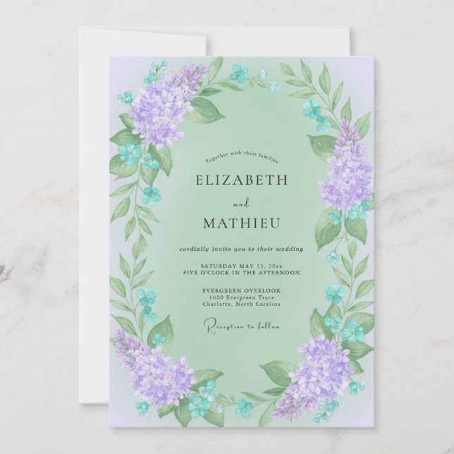 Convites Casamento com Vinha Lilás Menta (Frente)