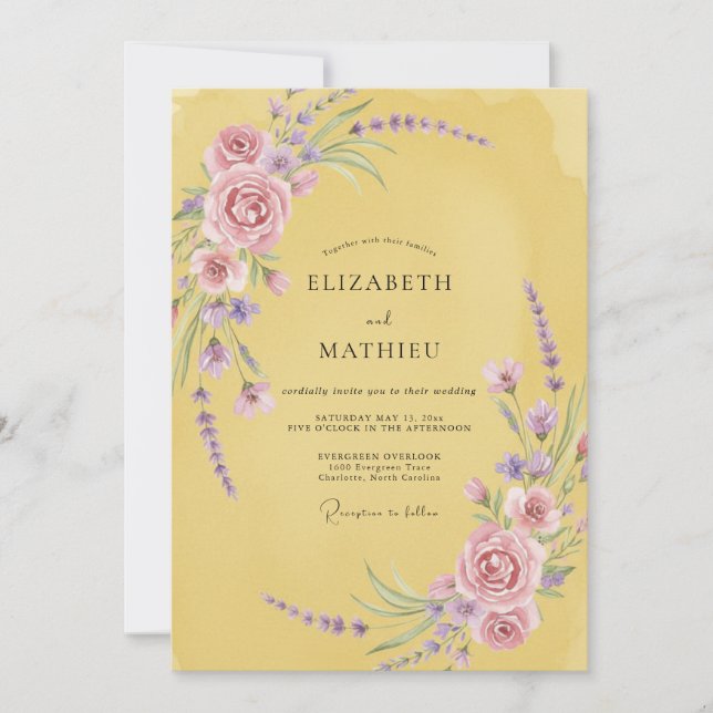 Convites Casamento com Vinha Lilás Mostarda (Frente)