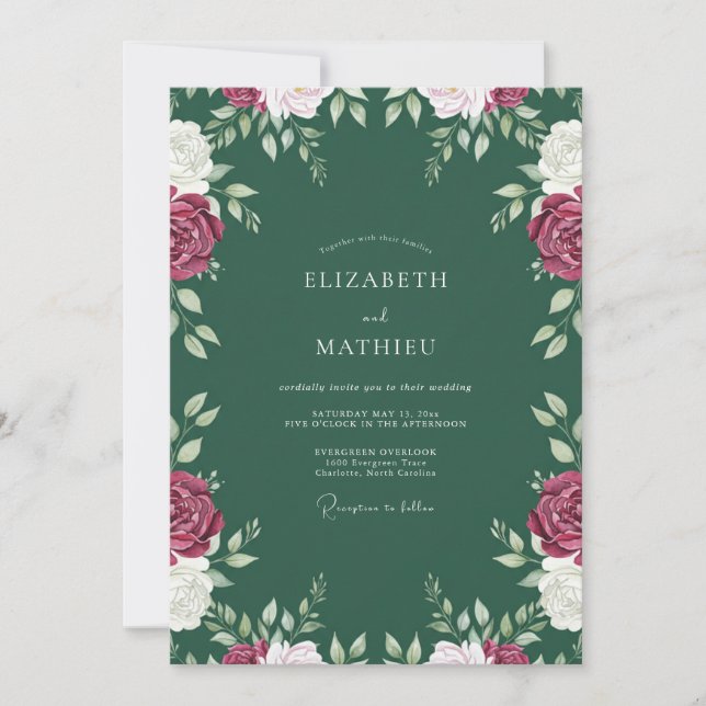 Convites Casamento com Vinha Magenta Esmeralda (Frente)