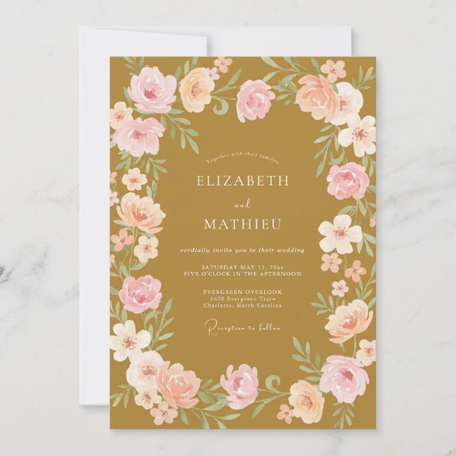 Convites Casamento com Vinha Rosa Mostarda (Frente)