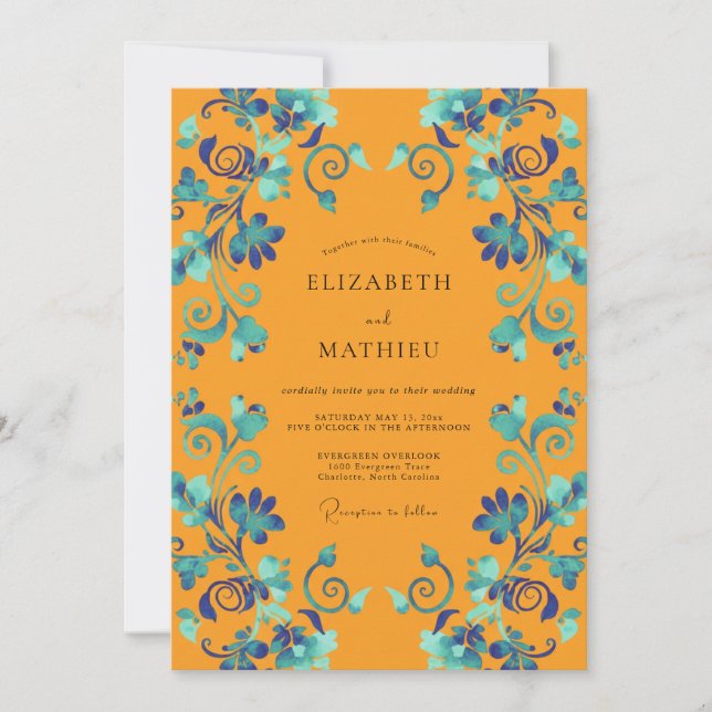 Convites Casamento com Vinha Turquesa Mostarda (Frente)