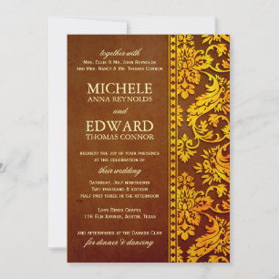 Convites Casamento com Vintage Dourado e Brown Damask Lace