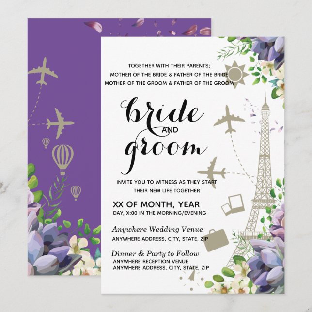 Convites Casamento com Violet Floral e Viagem Themed (Frente/Verso)