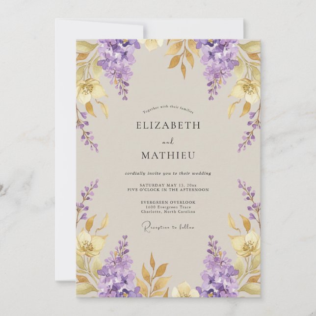 Convites Casamento com Violet Gold Wisteria (Frente)