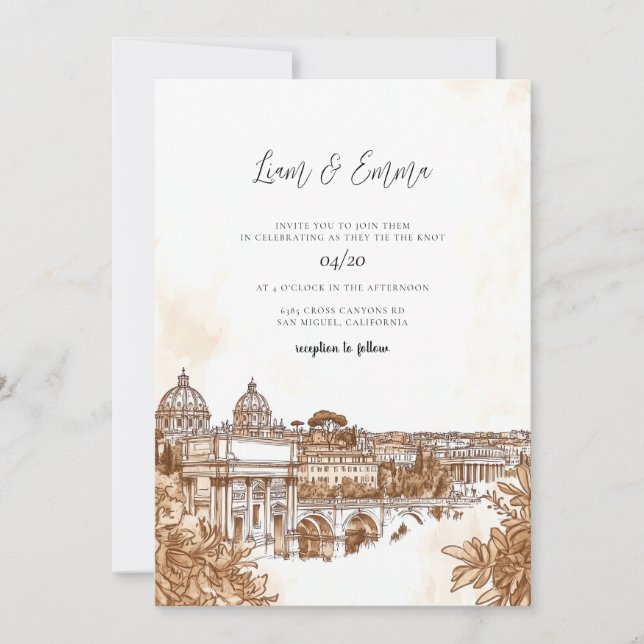 Convites Casamento com Watercolor em Roma Itália (Frente)