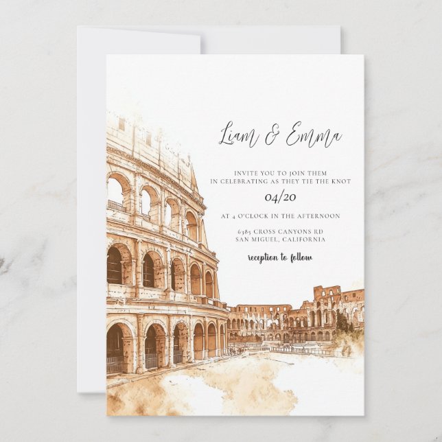 Convites Casamento com Watercolor em Roma Itália (Frente)