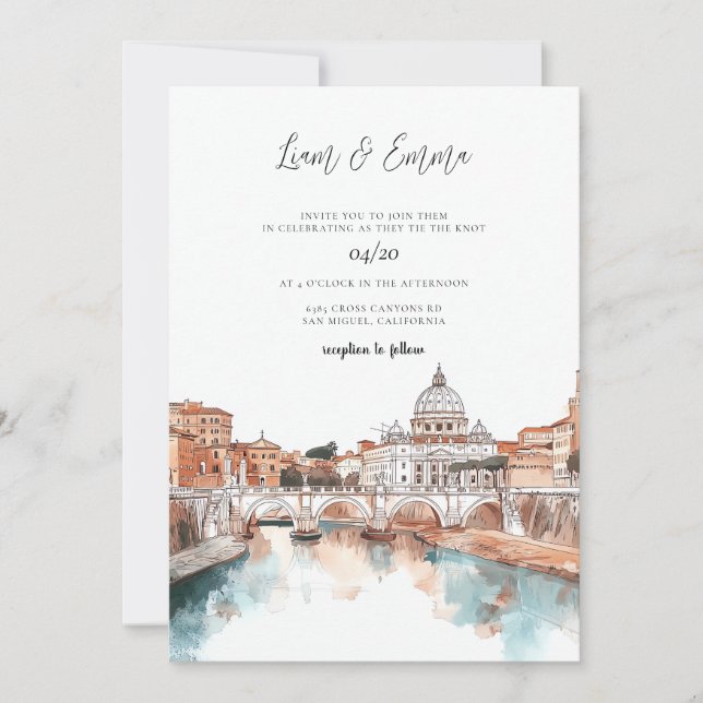 Convites Casamento com Watercolor em Roma Itália (Frente)