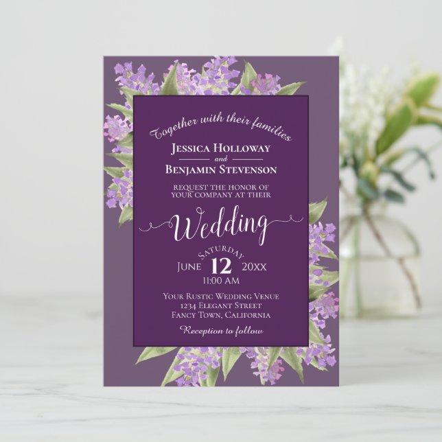 Convites Casamento com Watercolor Lilacs Plum Purple Boho (Em pé/Frente)