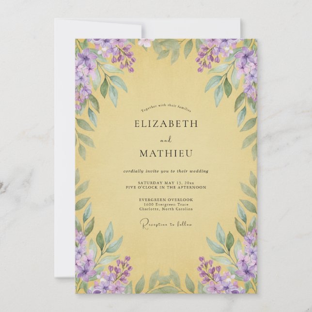 Convites Casamento com Wisteria Amarela Suave (Frente)