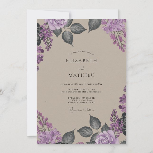 Convites Casamento com Wisteria de Tonalidade Bege (Frente)