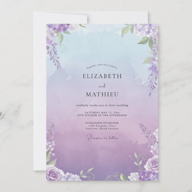 Convites Casamento com Wisteria Lavanda Pálida (Frente)