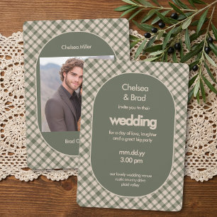 Convites Casamento com Xadrez Verde Sálvia Retro e Foto