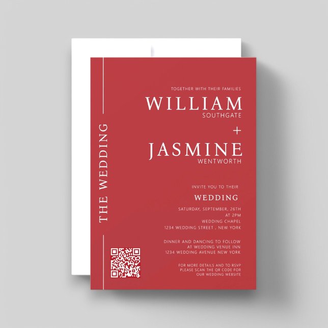 Convites Casamento completo com código QR mínimo moderno e  (modern minimalist red and white wedding invitation with wedding website qr code link , minimal bride)