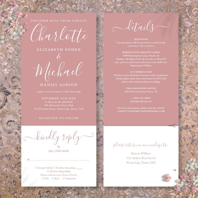 Convites Casamento Completo com Elegante Script Rosa Empoei (Dusty Rose Elegant Script All In One Wedding Invitation)