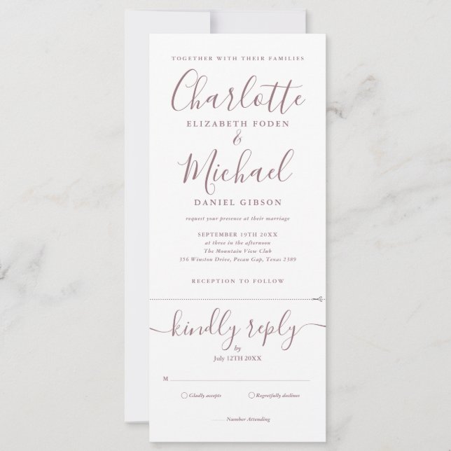 Convites Casamento Completo em Script Rosa Elegante (Frente)