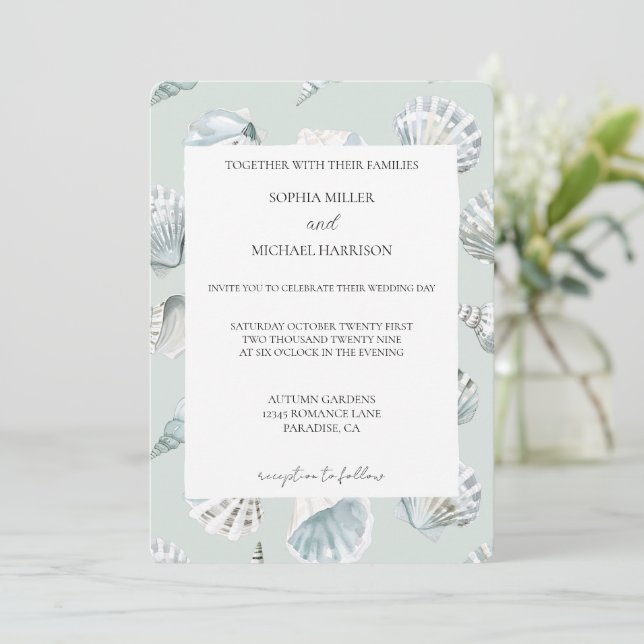 Convites Casamento Conchas de Praia Azul Menta Chic (Em pé/Frente)