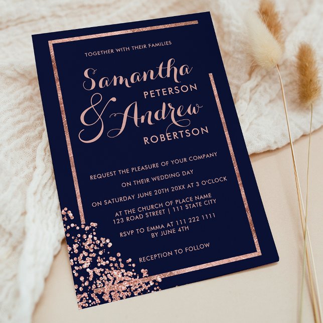 Convites Casamento confete de marinho de quadro rosa modern (Modern rose gold frame navy confetti wedding invitation)